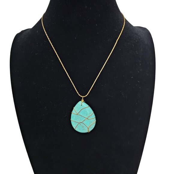 Vintage Tear Drop Howlite Turquoise Wrapped Pendant 8K Gold Wheat Chain Necklace - Picture 1 of 7